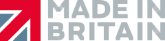 Made in Britain mark with bold muted lettering and red arrow